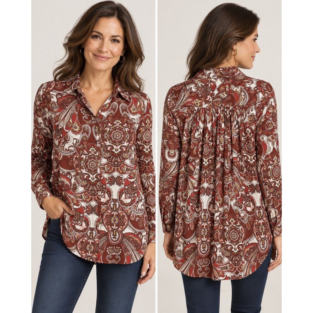 Chico’s Size 2 Paisley Button Front Blouse Burgundy Red Boho Retro Tunic Top